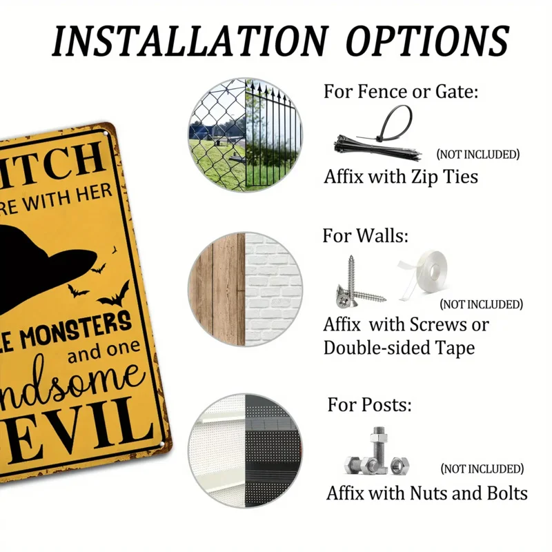 يعيش هنا ساحرة فتحة مع وحوشها الصغيرة والشيطان الوسيم - لافتة القصدير الريفية للهالوين - ديكورات الحائط #4