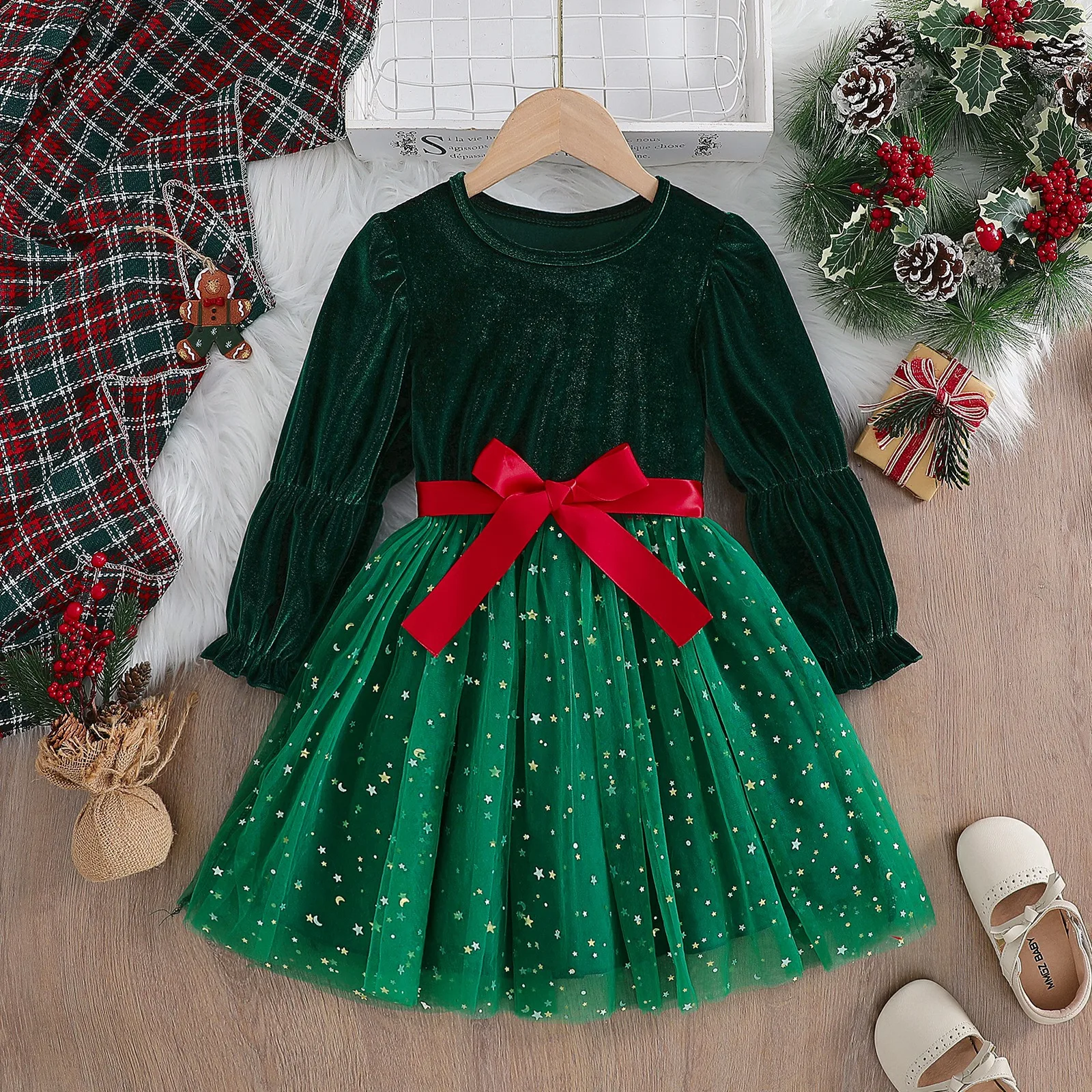 

Kids Christmas Dresses For Girls Long Sleeve Velvet Princess Dress Printed Green Mesh Children's Party Winter New Year Clothing
