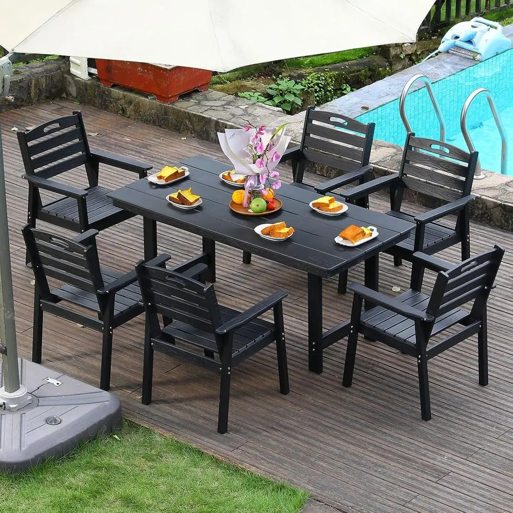 

7-Piece HDPE Patio Dining Set with Sunshade Holes, Waterproof for Outdoor Use (Black, 6 Chairs + 66.9 Table)