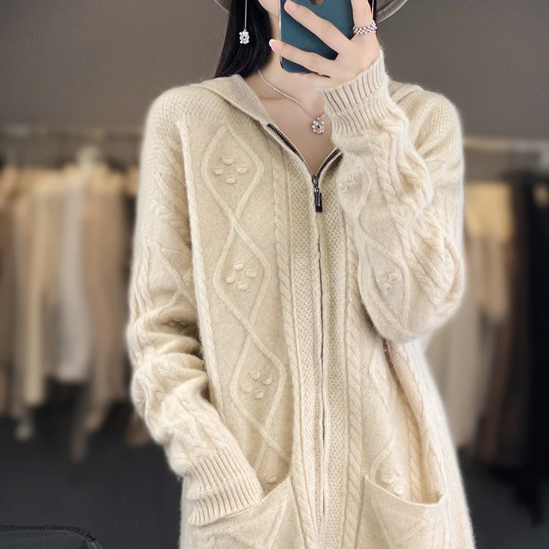 New 100% Merino Wool Hoodie Autumn/Winter Casual Loose Jumper Stylish Korean zippered Cardigan Long Sleeve Top Thick Warm Jacket