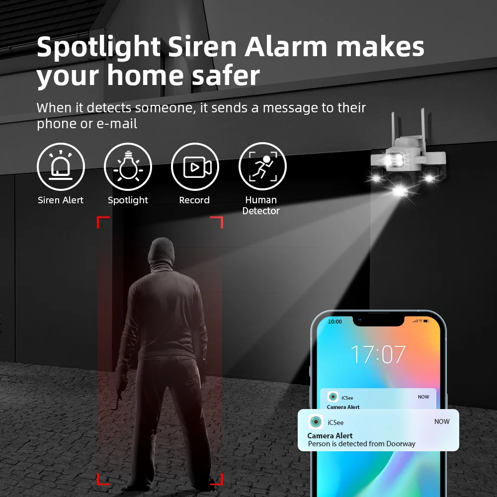 iCsee 15MP 3-Lens PTZ Camera 3-Screen Outdoor WiFi IP Cam with Auto Tracking - IP66 Waterproof & 2-Way Audio, CCTV Surveillance
