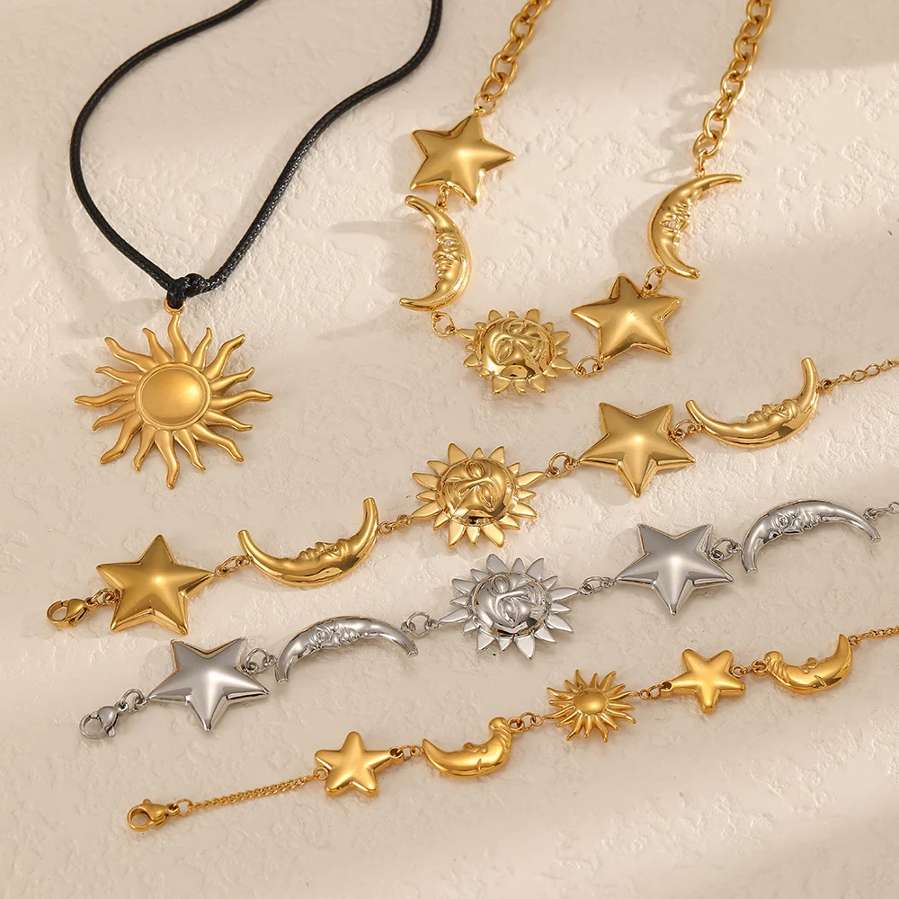 Elegantes, glattes Edelstahl-Stern-Mond-Armband, 18K vergoldet, stapelbares Sonnenarmband, Schmuckgeschenk für Frauen – Detail 3