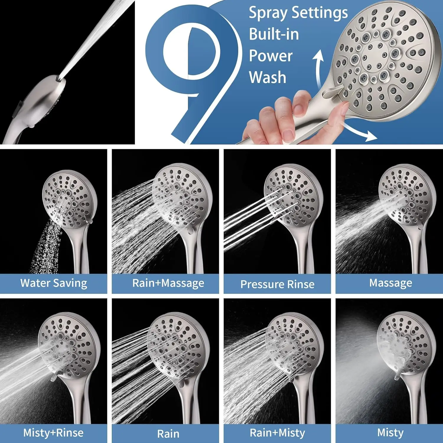 Conjunto de chuveiro ajustável com cabeça de mão, barra de apoio de aço inoxidável, mangueira de 69 polegadas em níquel escovado