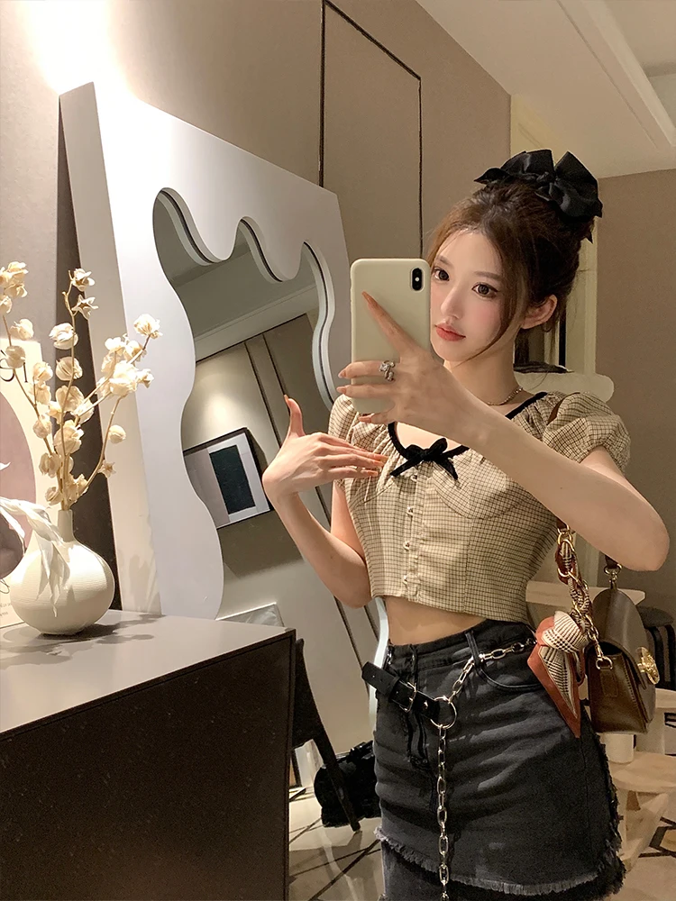 

NAYA CHAN Women's Plaid Bubble Sve irt ort Design Summer 2023 Original Design round Ne Button Closure Slim Fit