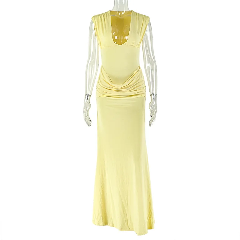 مثير العميق الخامس الرقبة أكمام Ruched Bodycon فستان طويل المرأة الشارع أنيقة عيد ميلاد عطلة الشاطئ فساتين الحفلات المسائية Vestidos