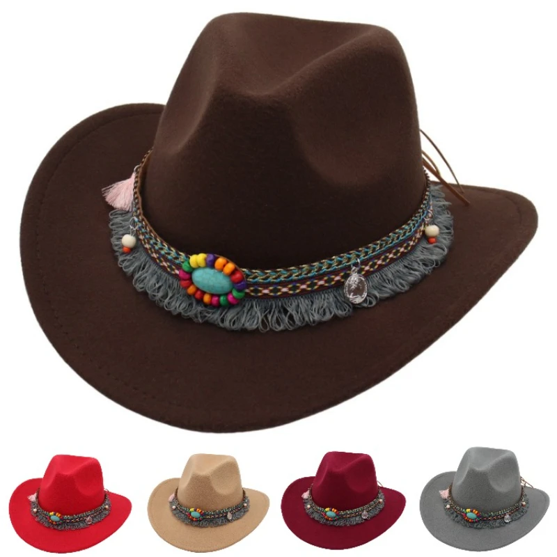 

Vintage Western Felt Cowboy Fedora with Turquoise and Tassel Decor – Outdoor Artistic Party & Performance Hat For Men Women