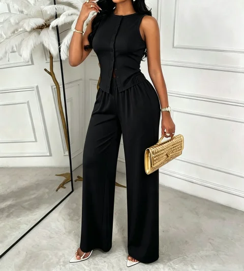 Damen 2-teiliges Outfit, ärmelloses Tanktop mit Knopfleiste, Hose mit elastischem Bund und weitem Bein, lässiger, einfarbiger Trainingsanzug – Detail 5