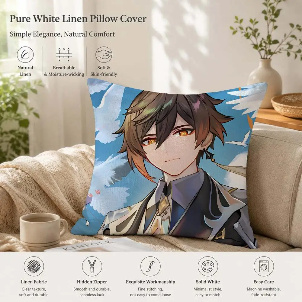 Zhongli Genshin Impact Cushion Cover 1/4PCS Linen Sofa Couch Bedroom Living Room Home Office Decor Pillow Case