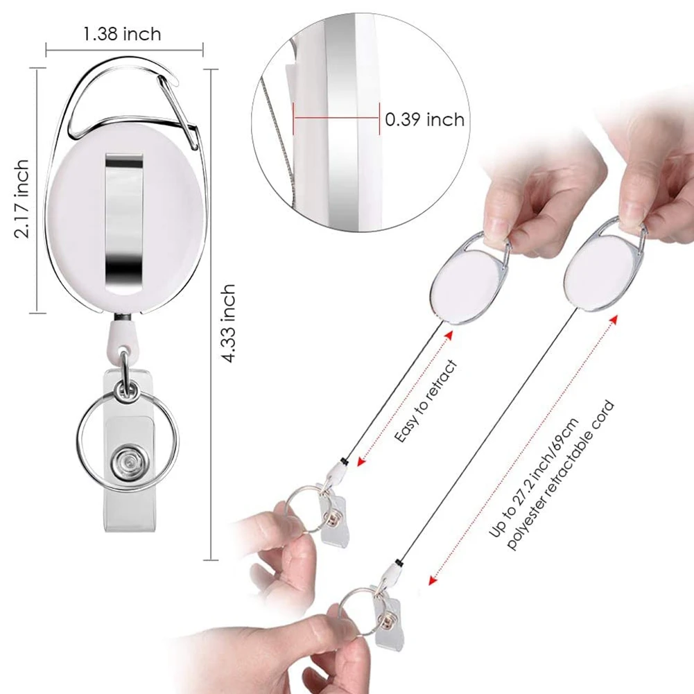 Retractable Badge Holder with Carabiner Reel Clip and Key Ring for ID Card Key Keychain Holders Black 10 Pieces,White