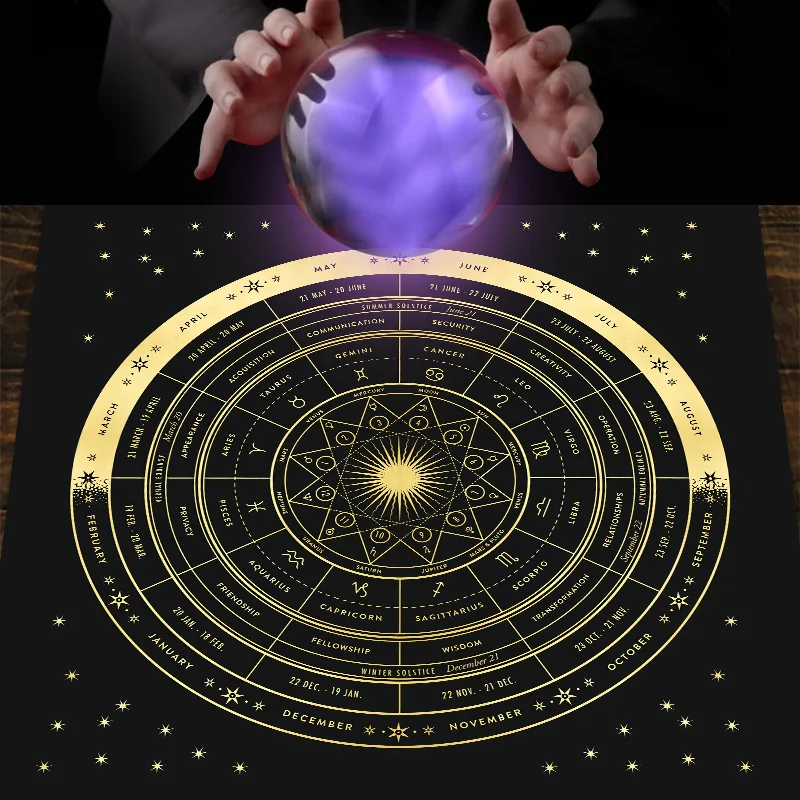 VIKAMA Black Gold Astrology Wheel Tarot Altar Cloth Witchcraft Divination Mat for Tarot Reading Spiritual Ritual Home Decor