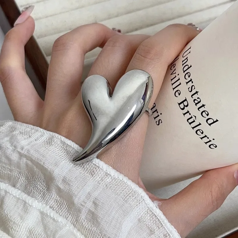 large heart ring for women metal jewelry shiny gold silver color cute unique design heart open ring female high end elegant