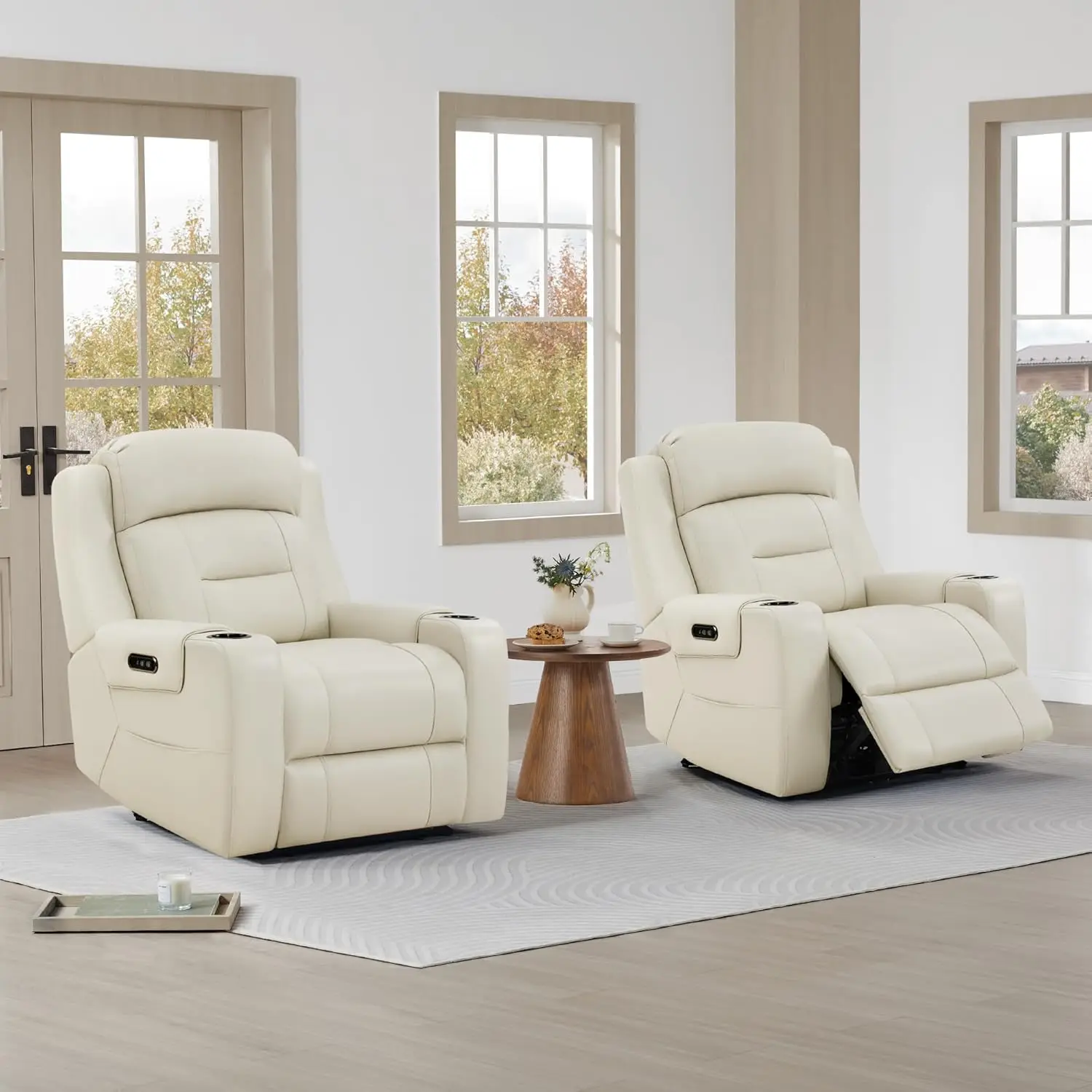 Genuine Leather   Recliner Chairs Adult Lay Flat Recliner Adjus    Headrest USB   Ports Cup Holders  ize