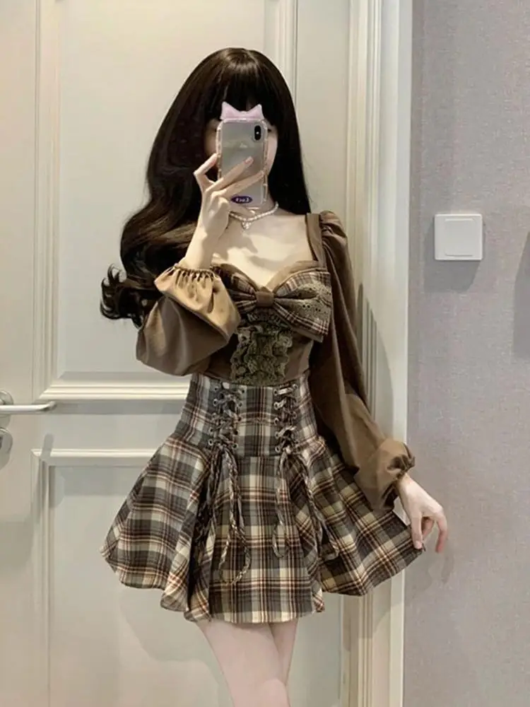 Preppy High-grade Sweet Suit Autumn Women's Bow Blouse with Waist Strap Princess Skirt Plaid Two-piece Set Conjuntos De Falda