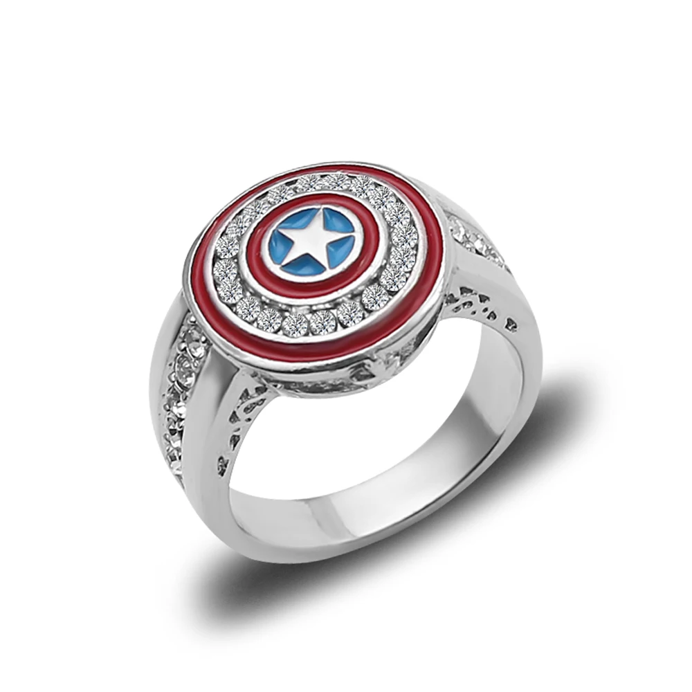 Marvel The Avengers Movie Figure Crystal Inlaid Ring Superhero Captain America Shield Fashion Classic Ring Jewelry Gifts