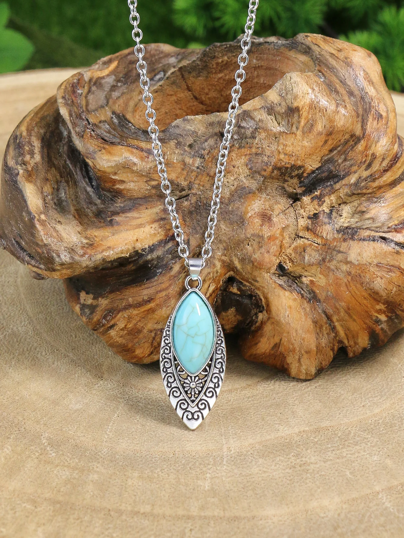 Ethnic Boho Turquoises Necklace Earring for Women Vintage Silver Plated Carved Flower Dangle Earrings Indian Jewelry Gift