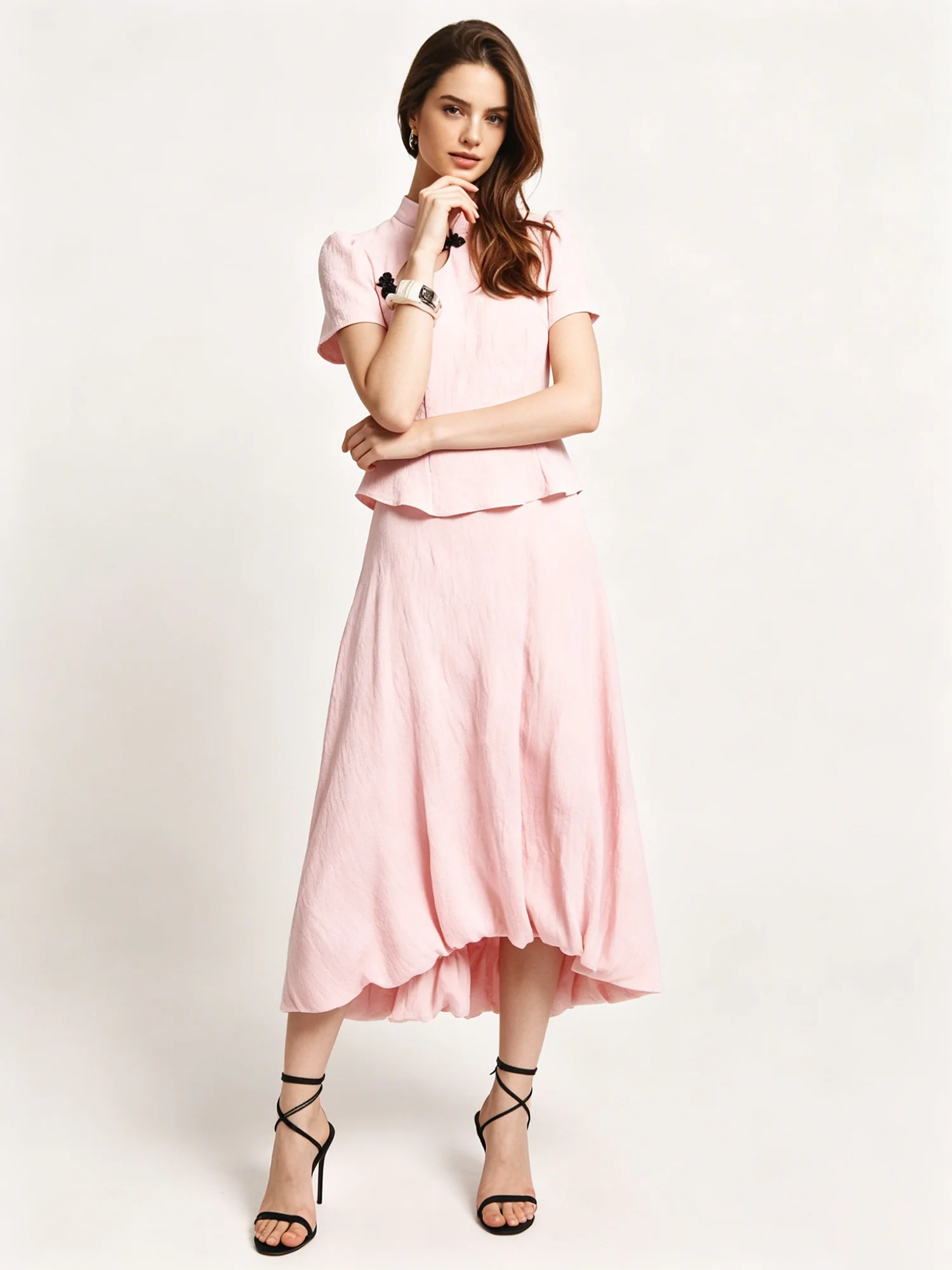 LIMO Pink Cheongsam Collar 2 Piece Outfit Hollow Neck Blouse Flowy Midi Skirt Women Suit view 3