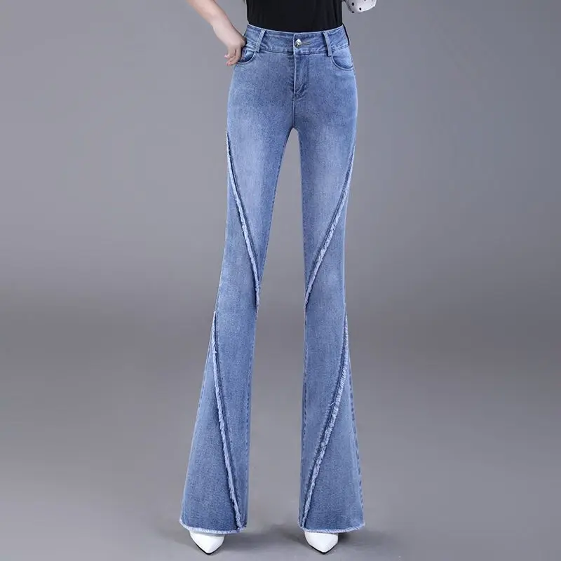 

Button Fly Women's Raw Hem Flare Jeans Autumn Fashion Woman Denim Pants Jean Femme High Waist Full Length Slim Jeans XK124