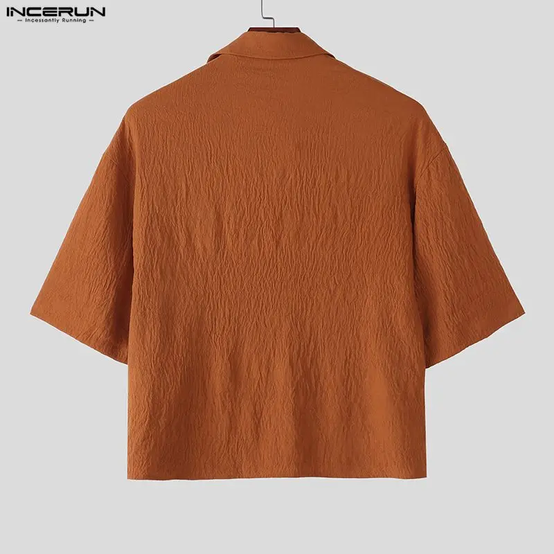 INCERUN الرجال قميص بلون التلبيب قصيرة الأكمام ملابس الرجال غير رسمية الشارع الشهير فضفاض الكورية نمط الترفيه الأساسية قمصان الرجال بلايز #5