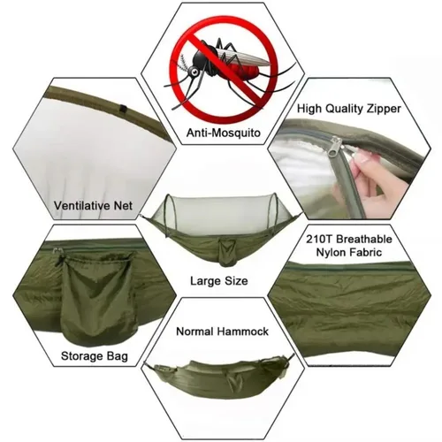 Imagen 2 del producto Hamaca para acampar al aire libre con mosquitera, hamacas colgantes ligeras, tela de paracaídas de alta resistencia, red para cama colgante de 250x120cm