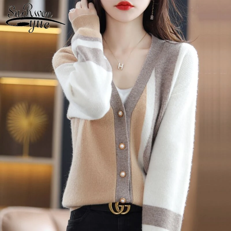 2022 new fashion multicolor V-neck cardigan women's autumn and winter sense of luxury ins tide soft slim knitted jacket 22754