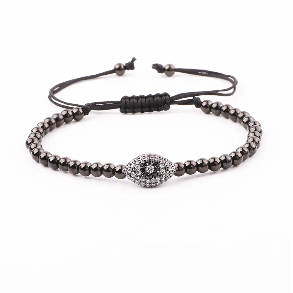 New Design CZ Evil Eye Charm Stainless Steel Beaded Macrame Adjustable Bracelet Men Women JBS12338