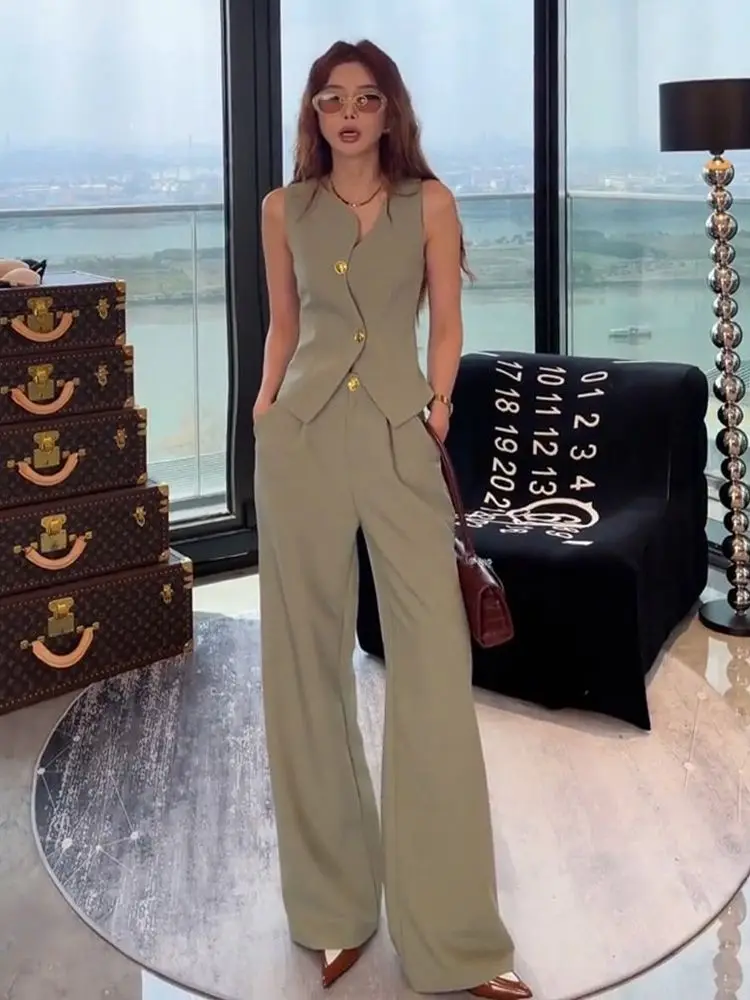 

Sweet Hot Girl Casual Suit Women's Summer Slim Fit V-neck Vest High Waist Wide Leg Pants Two-piece Set Fashion Female Clothes