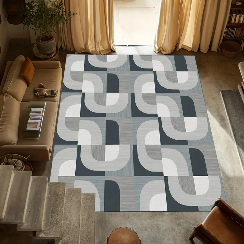 Alfombra Moderna con Diseño Geométrico a Cuadros, Estampado Abstracto en Tonos Azul y Marrón, Antideslizante, para Sala de Estar, Dormitorio, Decoración Minimalista