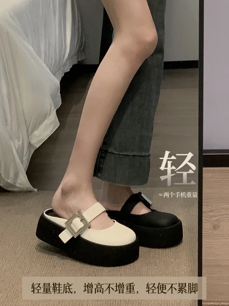 Round Headed Slippers Women's Shoes 2024 Spring and Summer New Style Thick Sole Height Increasing Buckle Mueller Shoes image 2