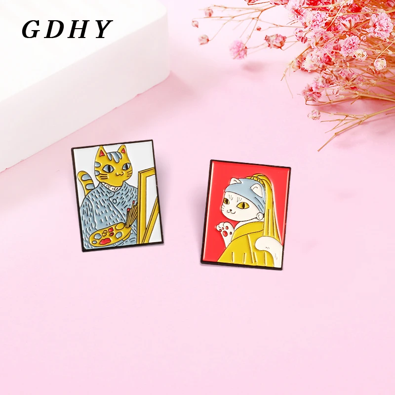 GDHY Van Gogh And Girl art self portrait Enamel Pins Cat Kitten Girl with a Pearl Earring Brooches Badge Jewelry Gift for Artist