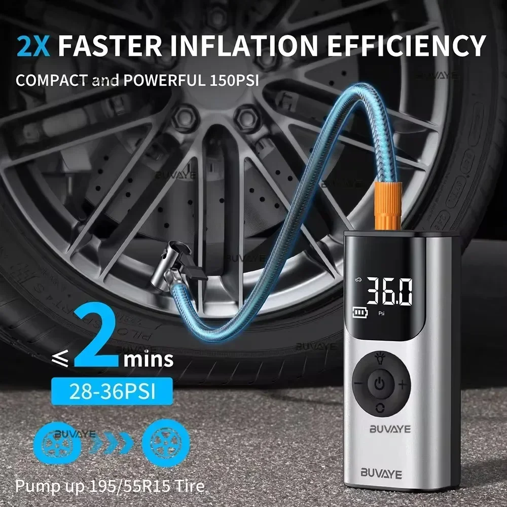 BUVAYE Mini Air Pump Tire Inflator 150PSI Digital Automatic Inflation Tire Pump Wireless Air Compressor for Motorcycle Bicycle