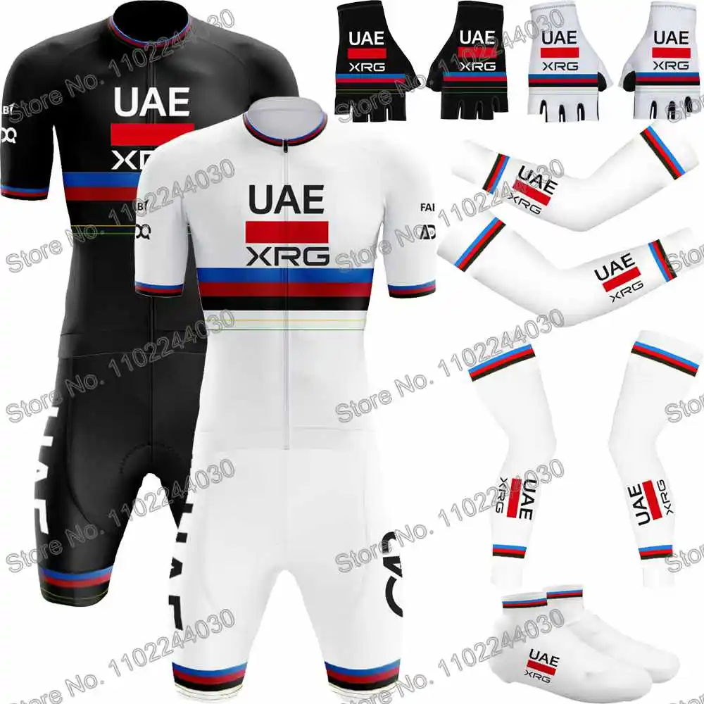 UAE Team ٢٠٢٥ بطل العالم طقم قميص ركوب الدراجات للرجال صيف قفازات نصف أصابع دراجات جبلية دراجات سباقات الطرق أغطية أحذية دفايات للذراعين دفايات للساقين