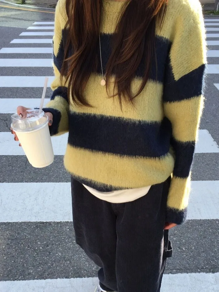 ゆったりフィット ロングスリーブ ラウンドネック ストライプカラー ブロックニット 韓国風 スリーブ レディースセーター 暖かい カジュアル スリーブ 秋冬