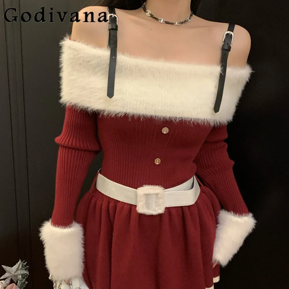 

Christmas Atmosphere Red One-word Shoulder Dresses Long-sleeved Knitted Dress Women's New Year's Robe Suspender Skirt