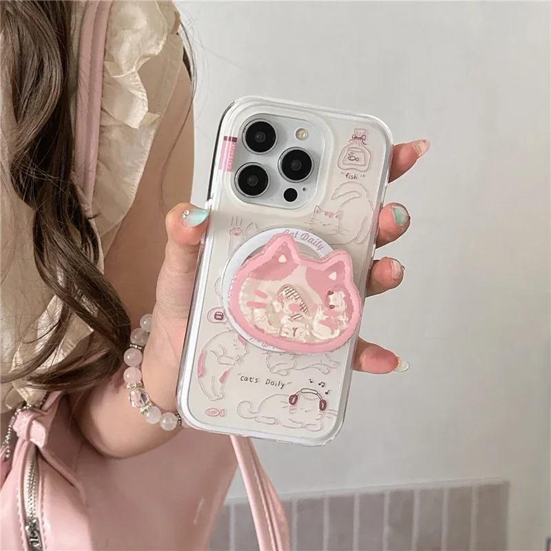 

Магнитный чехол для телефона Kawaii с мультяшным котом для iPhone 16 Pro 15 13 14 Pro Max, милый чехол с подставкой Magsafe, чехлы с держателем Girp