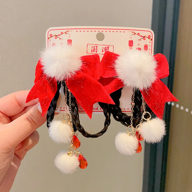 

2025 New Year's Hair Clip for Girls Little Girl's New Year's Greeting Hairpin Red Bow Tassel Duckbill Clip