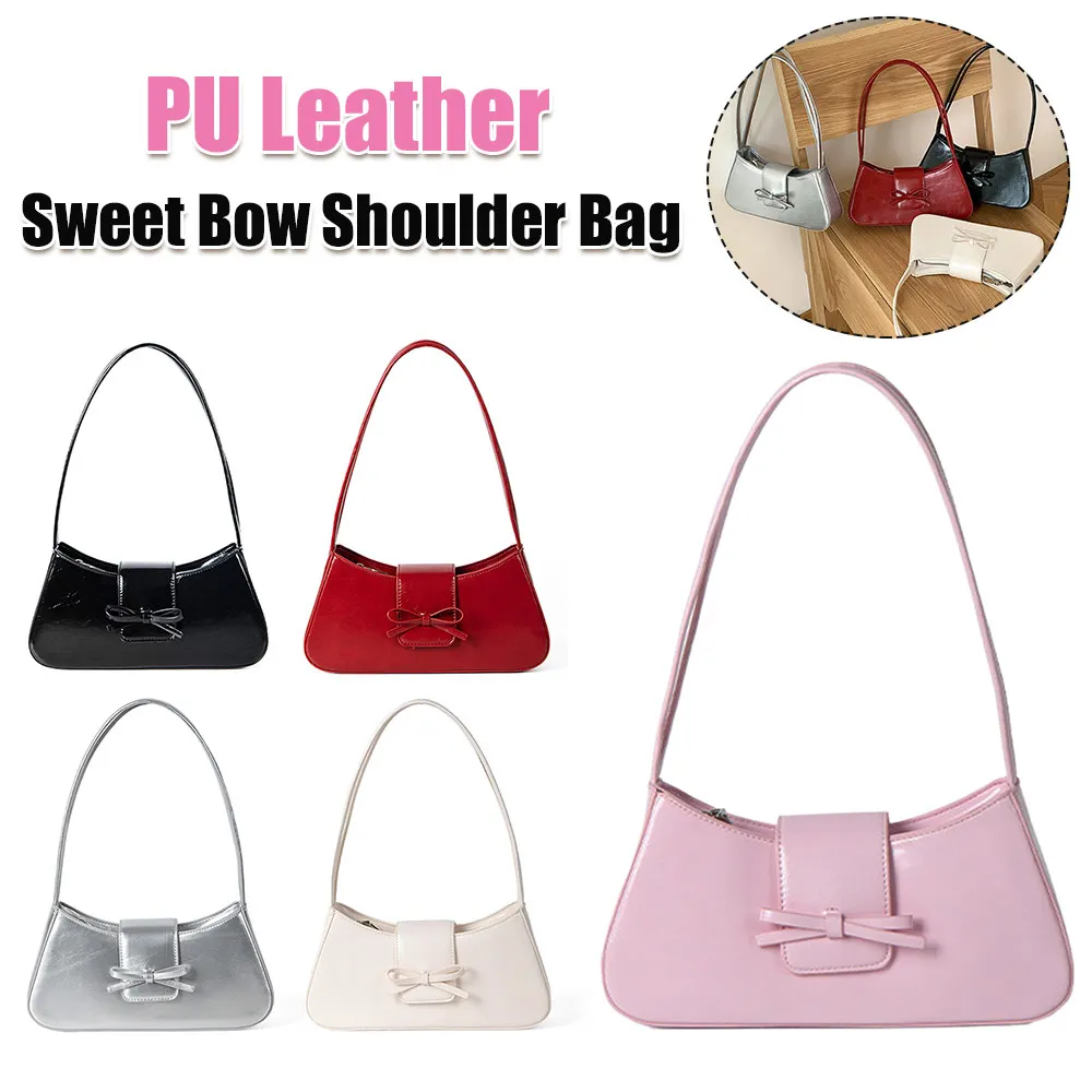 

Sweet Bow Shoulder Bag PU Leather Fashion Handbag with Zipper Closure Everyday Purse Trendy Underarm Bag for Women and Girls