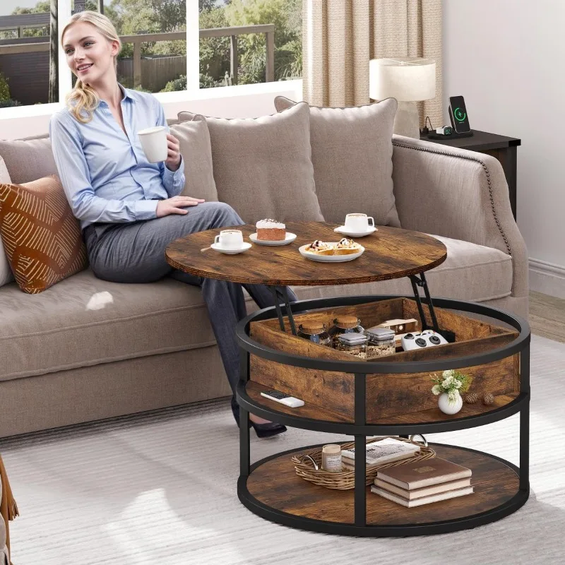 High Quality Modern Wood Metal  Hot Sale Round Table Design Lift Top Coffee Table for Living Room