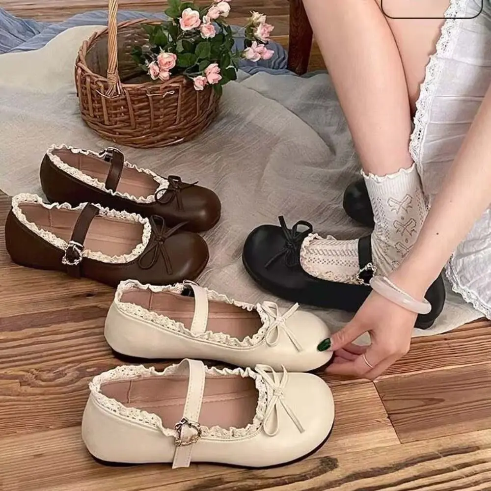 

Дышащие туфли из искусственной кожи JK на плоской подошве, милые повседневные балетки с кружевом и рюшами, туфли Мэри Джейн на мягкой подошве с бантом для девочек