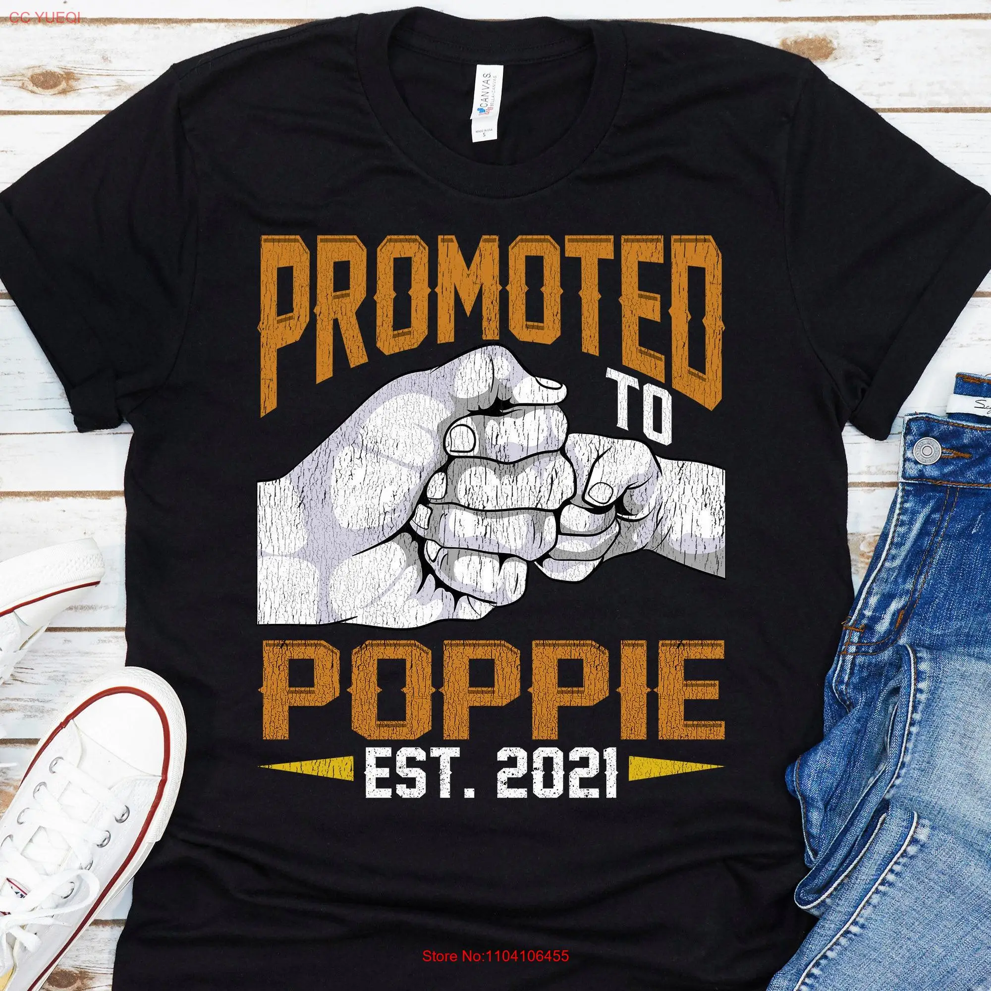 Promoted To Poppie Est 2021 T Shirt New For Fathers Day Pregnancy Announcement long or short sleeves