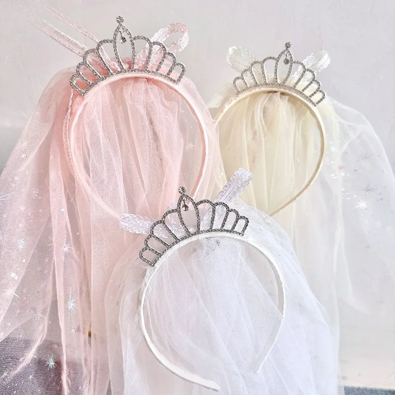 

Kids Girls Crown Tulle Veil Headband Rhinestone Princess Hair Hoop for Birthday Party Photography accessories T1196