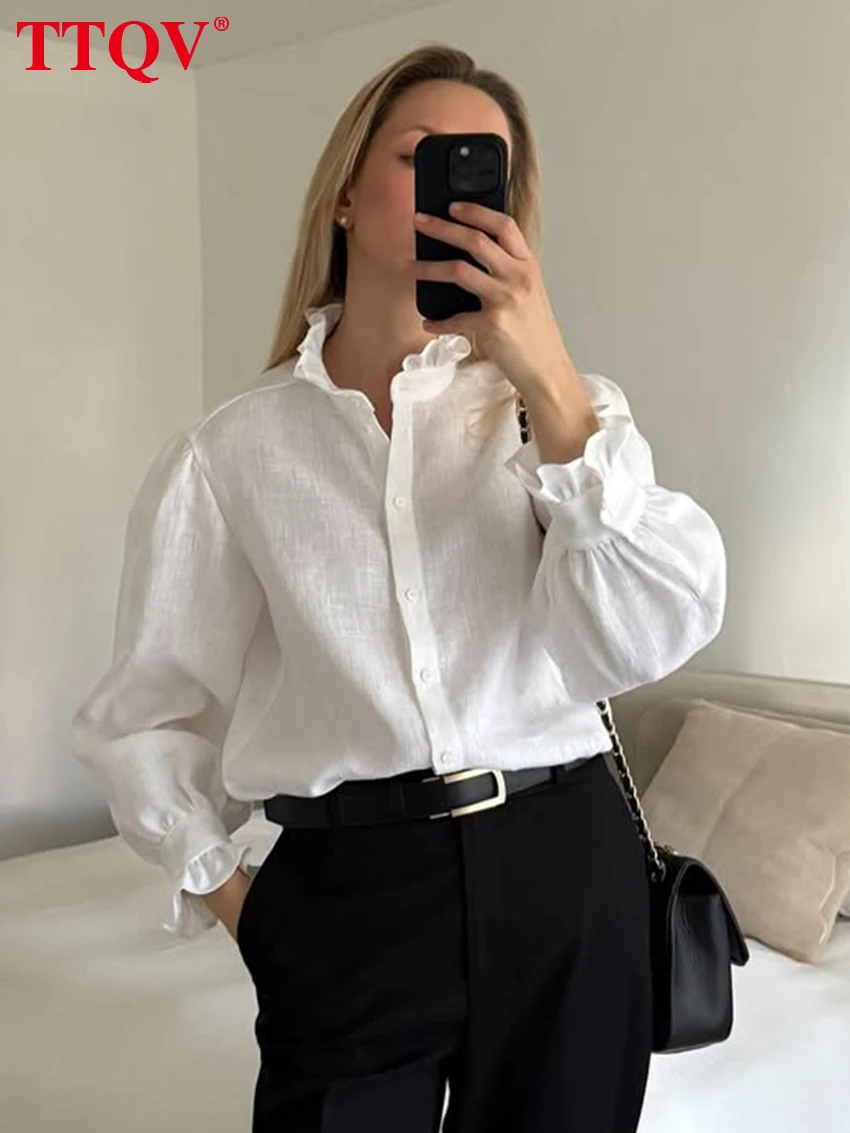 

TTQV Модная свободная белая хлопковая женская рубашка 2026: Повседневная блузка с воротником-стойкой и длинным рукавом, элегантный классический топ, женская одежда