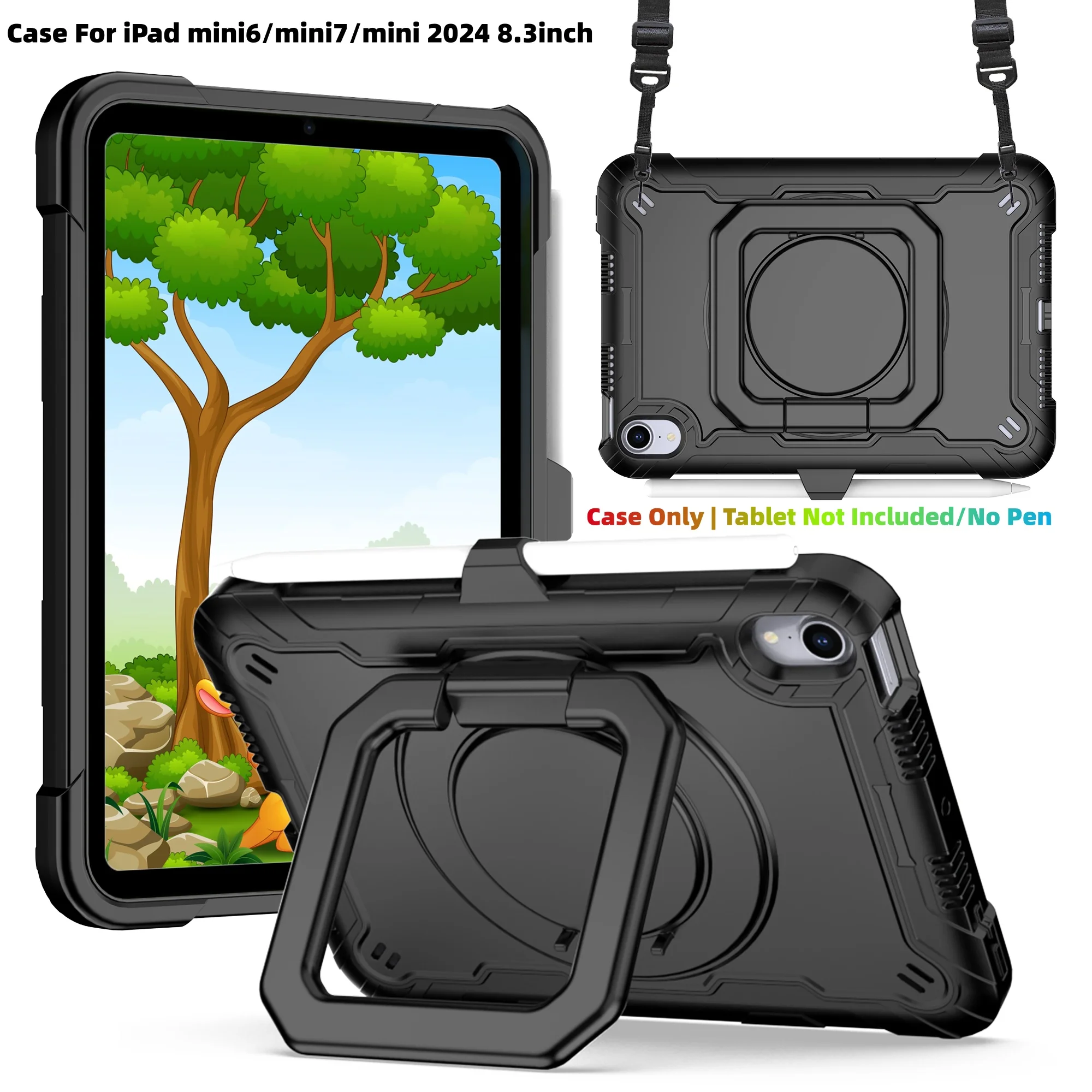 

Чехол для iPad mini6/mini7/iPad mini 2024 8.3 дюйма, ударопрочный чехол-накладка с вращающейся на 360 градусов подставкой/держателем для стилуса/ремешком через плечо