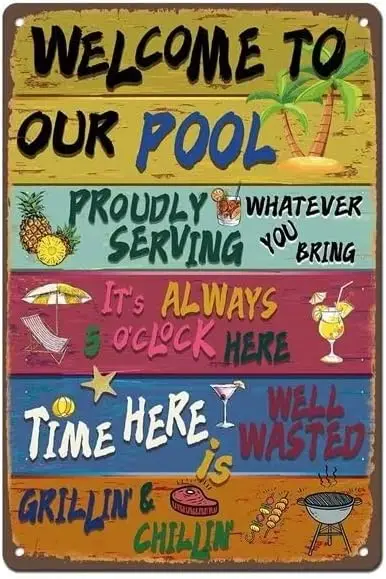 1c, letrero vintage de bienvenida a nuestra piscina: es letrero decorativo para uso en exteriores, perfecto para el hogar, el patio trasero, la casa de la playa y el área de la piscina