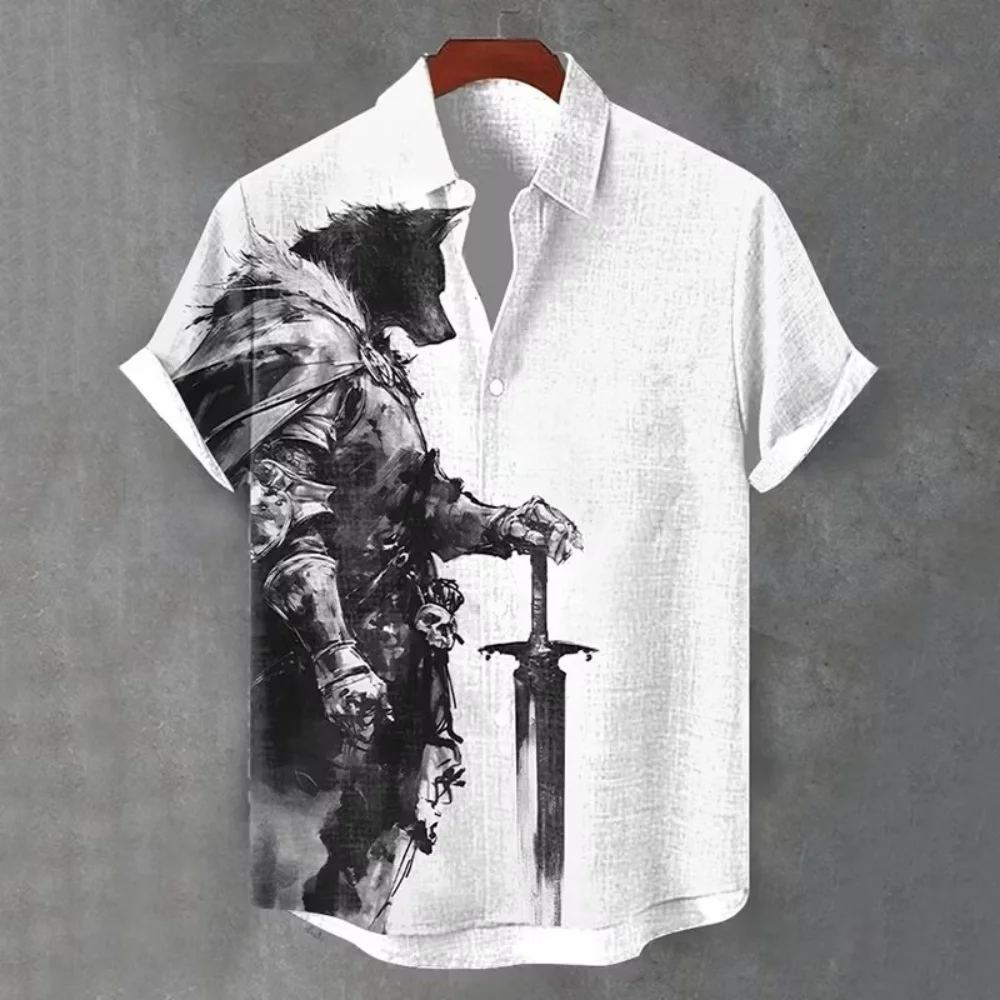 New Chinese style Songhe 3D printed pattern men's shirt, beige short sleeved artistic casual shirt clothing