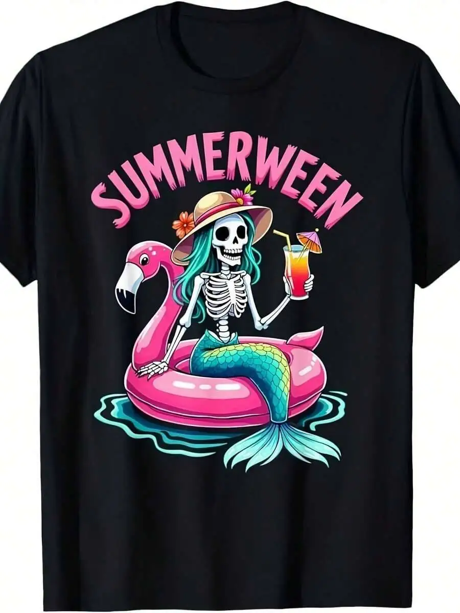 Summerween Skeleton Beach Flamingo Halloween Girl-Shirt Men's Letter Print Round Neck 100% Cotton Trendy Y2K Short-Sleeve