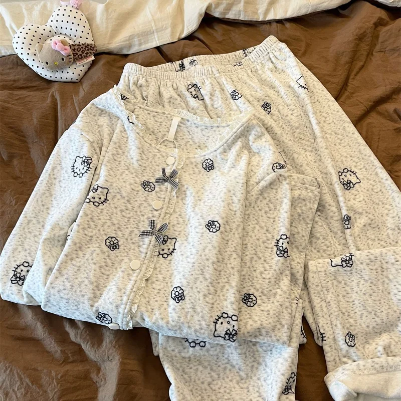 

Sanrio Hello Kitty Women's Sleeping Pajamas Sets Kawaii Cartoon Winter Nightgowns Long Sleeve Pants Warm Sleepwear Homewear New