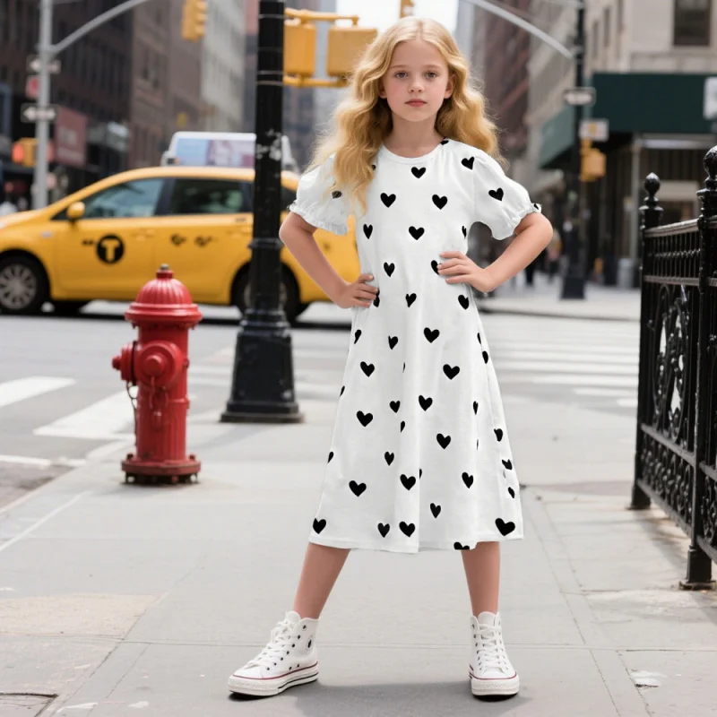 

Girls' White Heart Print Midi Dress, Puff Sleeve, Cute and Stylish for Kids, Perfect for Daily Wear, 2026