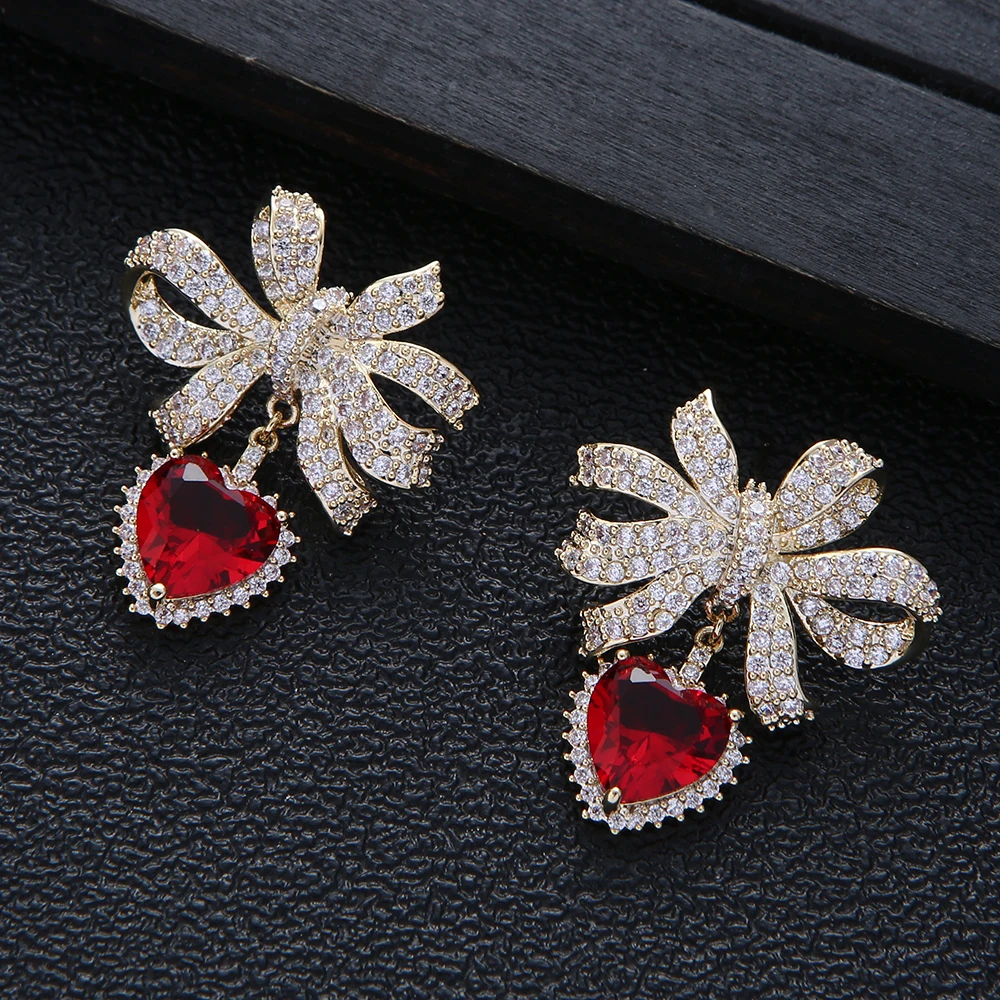 

Luxury Sweet Bowknot Heart Drop Earrings For Women Wedding Party Candy Cubic Zircon Dubai Bridal Jewelry Boucle D'oreille A20302