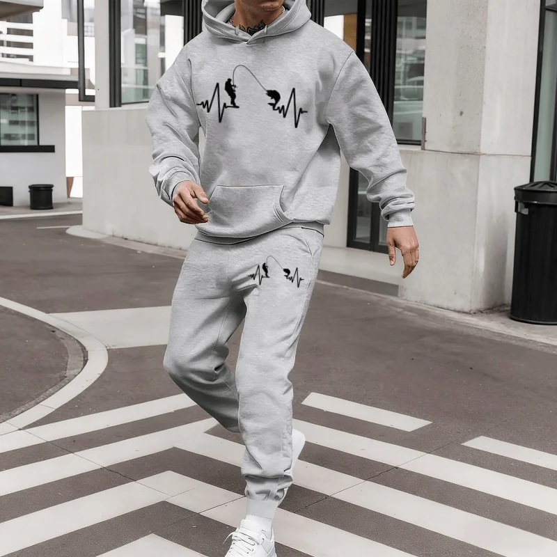 

2025 Fall Winter Men's Casual Sportswear Set – Hooded Sweatshirt & Pants, Street Chic Style with Fishing ECG Print Fashion Set
