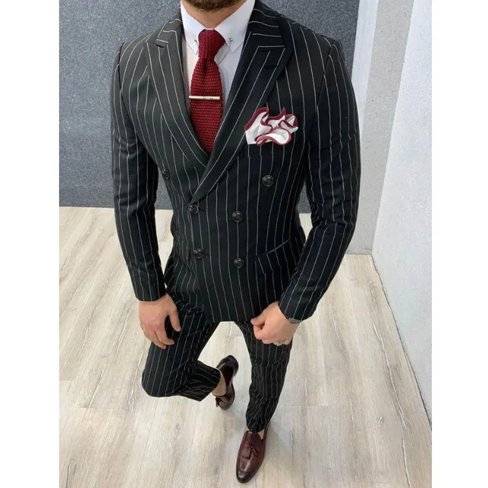 Elegant Striped Suits for Men Chic Peak Lapel Double Breasted Black Male Suit Slim Formal Groom Best Men Wedding Tuxedo 2 Piece